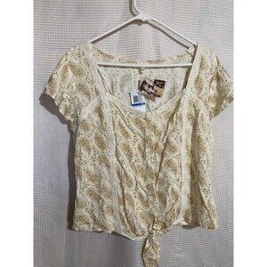 Self E Juniors Women’s Cropped Yellow Floral Lace Short Sleeve Top Size XL New